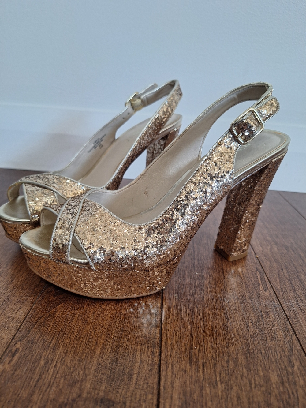 Nine West Gold Glitter Platform Slingback Heels
